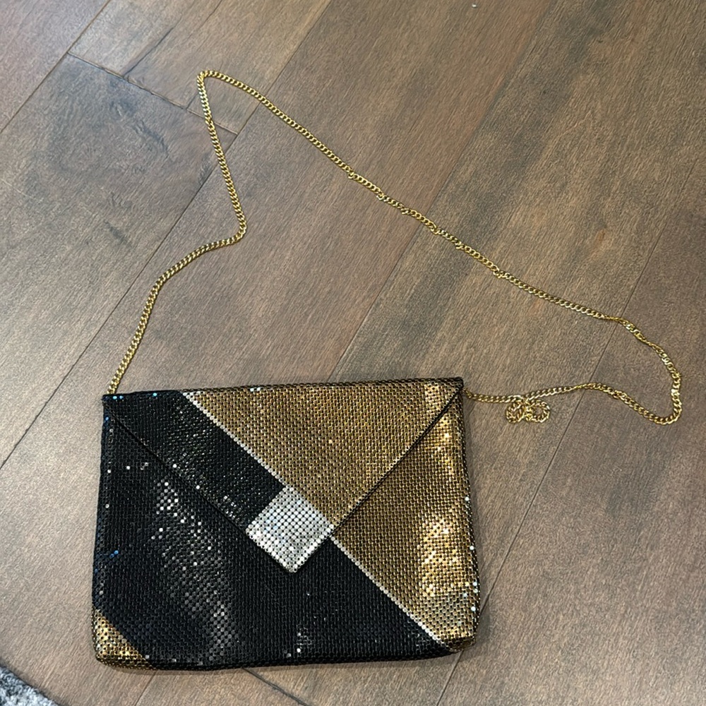 Whiting and Davis Black gold and silver mesh evening bag with gold chain